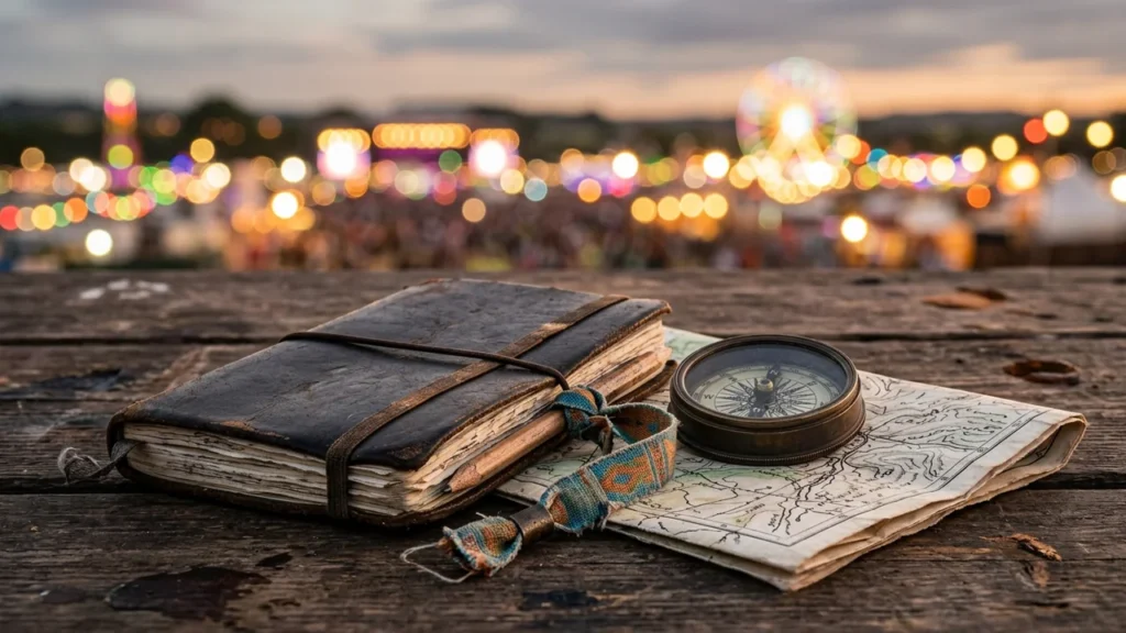 Un vieux carnet en cuir, une boussole et une carte posés sur une table en bois.