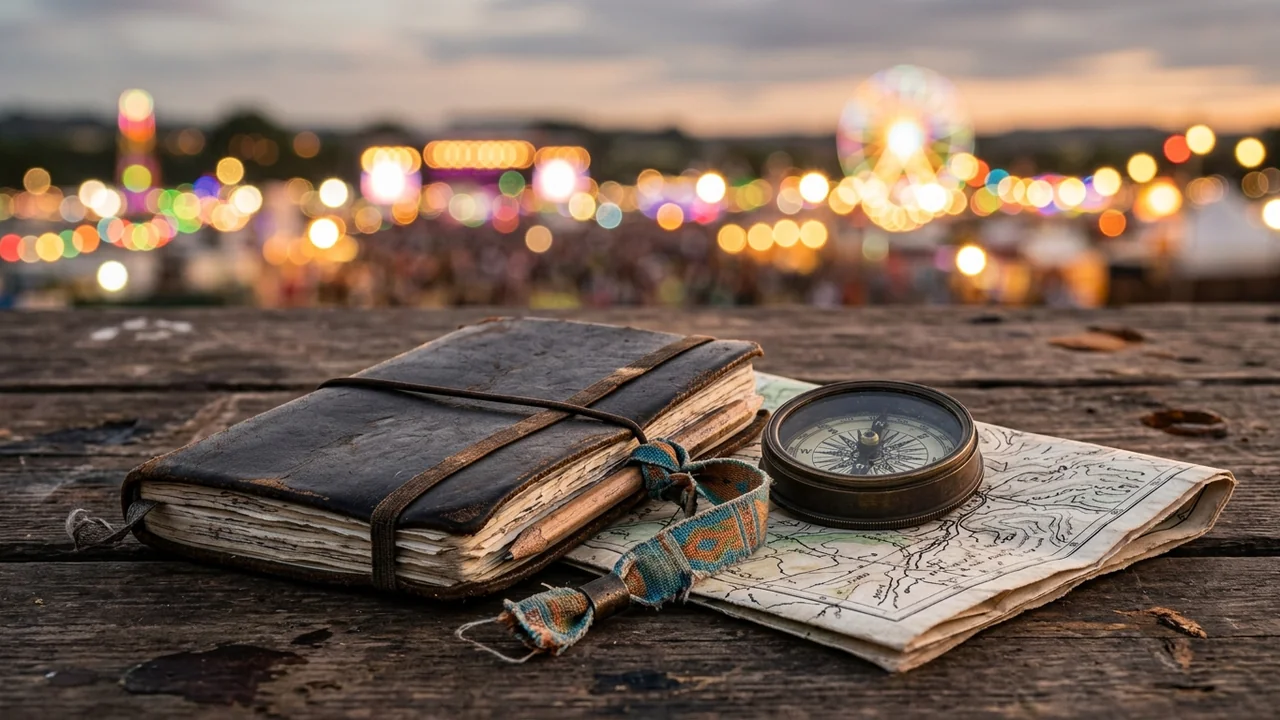 Un vieux carnet en cuir, une boussole et une carte posés sur une table en bois.