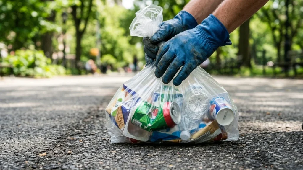 Une personne portant des gants bleus tient un sac plastique rempli de déchets recyclables.