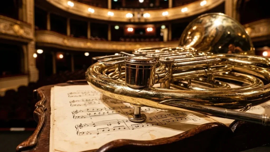 Un cor d'harmonie en laiton posé sur une partition ancienne dans une salle d'opéra.