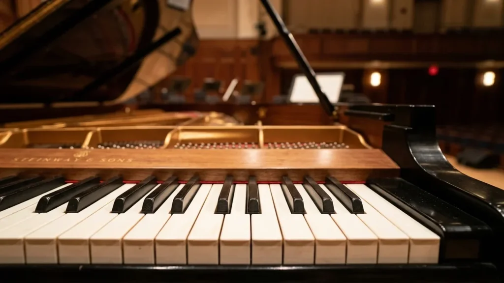 Gros plan sur le clavier d'un piano à queue Steinway dans une salle vide.