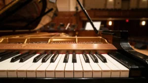 Gros plan sur le clavier d'un piano à queue Steinway dans une salle vide.