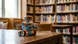 Petit robot articulé orange et bleu posé sur une table dans une bibliothèque.