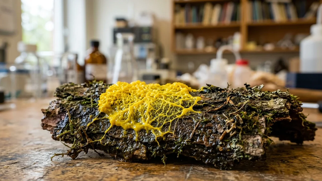 Une masse visqueuse jaune vif recouvrant une écorce de bois dans un laboratoire scientifique.