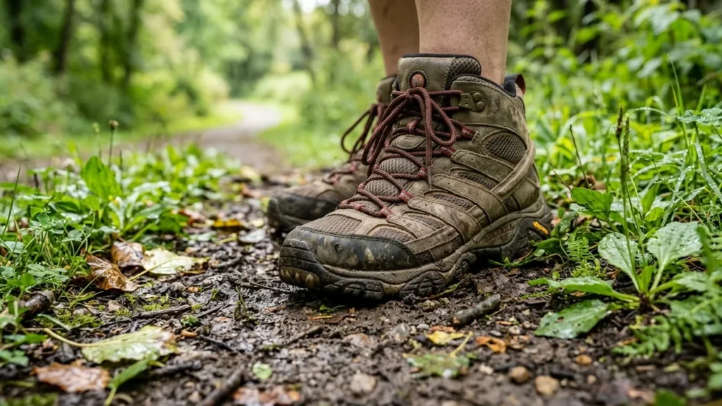 Gros plan sur des chaussures de randonnée boueuses marchant sur un sentier forestier humide.