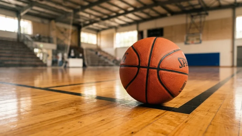 Un ballon de basket orange posé sur le sol en bois d'un gymnase vide.