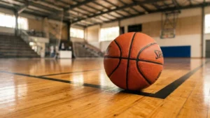 Un ballon de basket orange posé sur le sol en bois d'un gymnase vide.