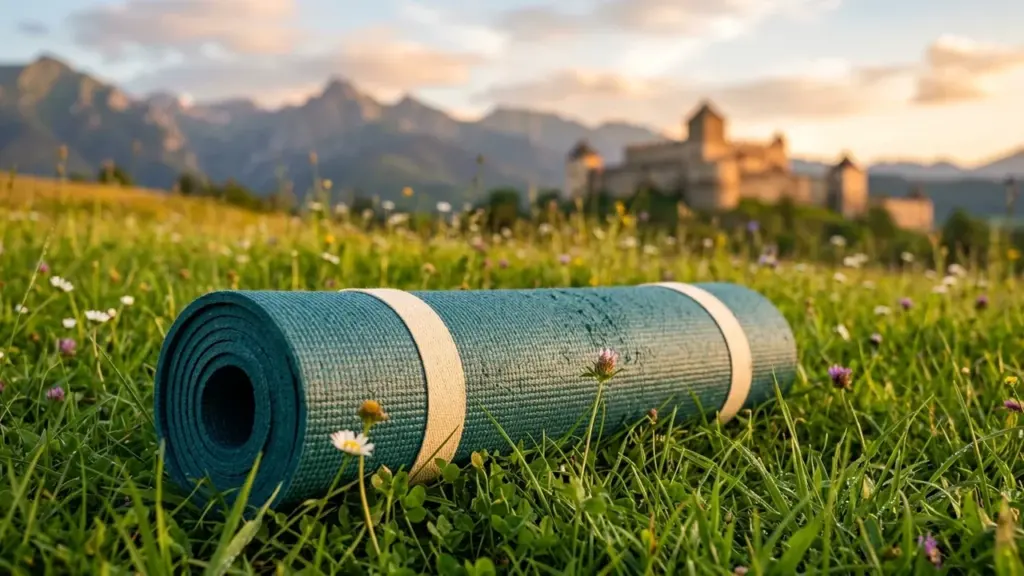 Un tapis de yoga bleu enroulé dans une prairie fleurie devant un château ancien.