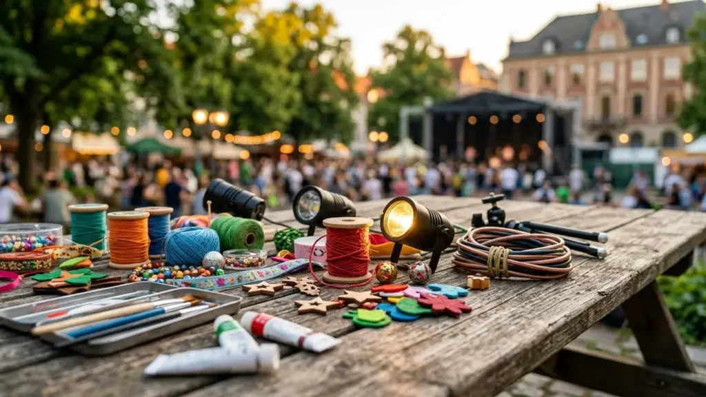 Matériel d'artisanat posé sur une table en bois devant un festival en plein air flou.