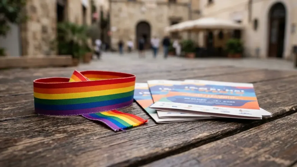 Un ruban arc-en-ciel et des brochures posés sur une table en bois en extérieur.