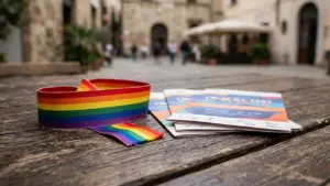 Un ruban arc-en-ciel et des brochures posés sur une table en bois en extérieur.