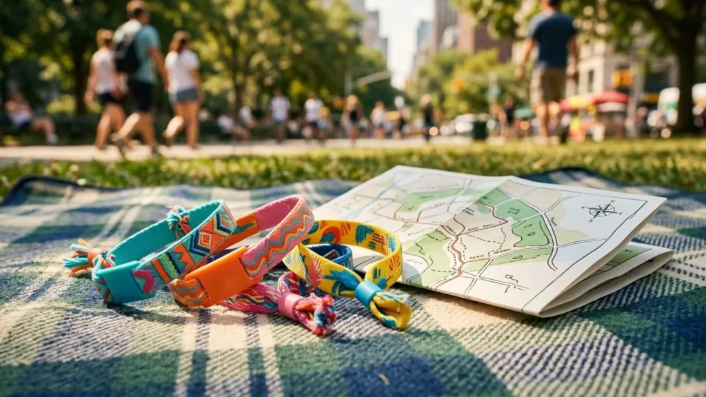 Des bracelets colorés et une carte dépliée posés sur une couverture dans un parc.