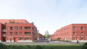 Vue architecturale d'un quartier résidentiel moderne composé de bâtiments en briques rouges lumineuses.