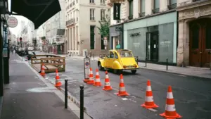 Une rue citadine française avec une voiture jaune et des cônes de signalisation.