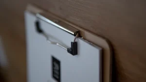 Gros plan sur une pince métallique fixant des feuilles de papier sur un support.