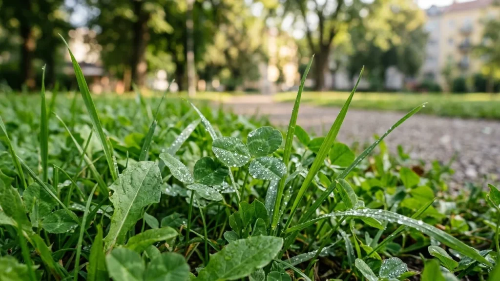 Gros plan sur des trèfles et de l'herbe avec des gouttes de rosée matinale.