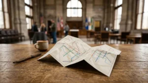 Une carte de métro pliée et un stylo sur une table en bois rustique.