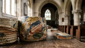 Deux pots en céramique artisanaux colorés posés sur une table en bois dans une église.