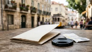 Un carnet de notes et un bouchon d'objectif posés sur une table en bois.