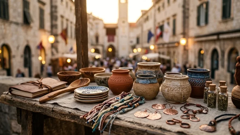 Une table en bois avec des poteries artisanales, des bijoux et des carnets anciens.