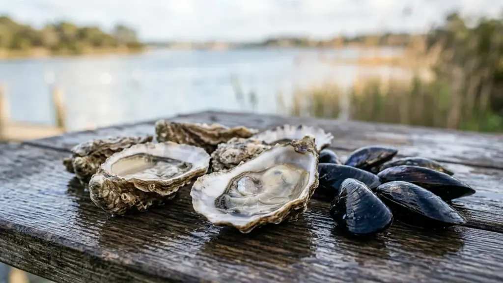 Des huîtres ouvertes et des moules fraîches disposées sur une table en bois humide.