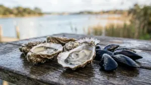 Des huîtres ouvertes et des moules fraîches disposées sur une table en bois humide.