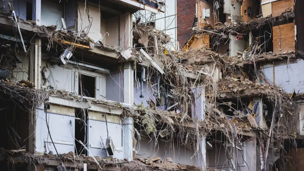 Façade d'un immeuble en démolition révélant des espaces de vie intérieurs détruits.