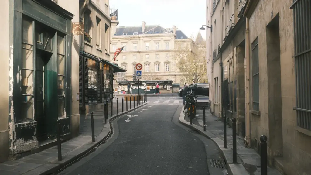 Rue étroite et typique d'une ville française avec des bâtiments historiques en arrière-plan.
