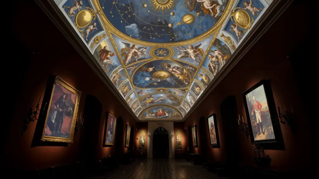Une galerie sombre aux murs rouges avec des portraits encadrés et un plafond voûté peint.
