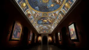 Une galerie sombre aux murs rouges avec des portraits encadrés et un plafond voûté peint.