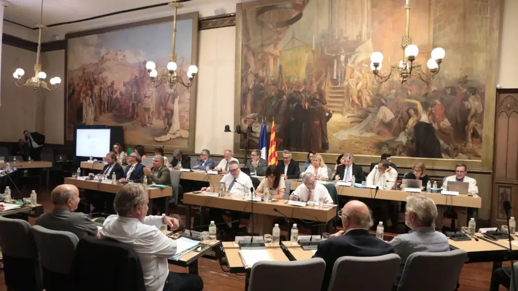Plusieurs personnes participent à une réunion formelle dans une salle richement décorée de fresques.