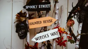 Panneaux directionnels décoratifs sur le thème d'Halloween pour guider les visiteurs dans Perpignan.
